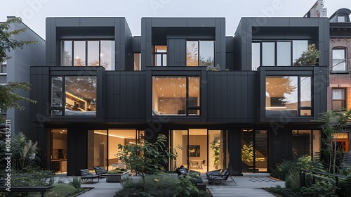 A row of black townhouses with modular structures, each unit featuring its own private terrace and expansive windows that bring in natural light.