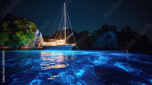 Sail through the Glowing Enchanted Archipelago, where islands, bioluminescent plants. Generative Ai
