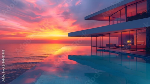 A sleek cubic glass villa with clean lines and an infinity swimming pool reflecting the vibrant orange and pink sunset in the background.