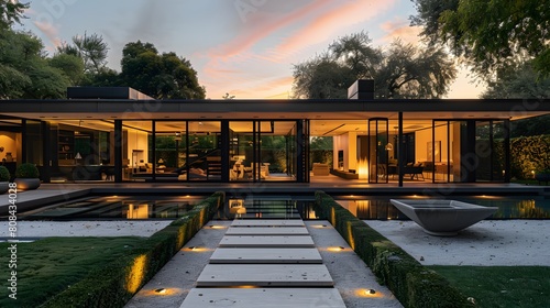 A sleek cubic house with large glass walls reflecting the sunset, set against a meticulously landscaped front yard featuring geometric hedges and a pebble walkway.