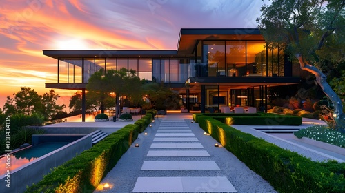 A sleek cubic house with large glass walls reflecting the sunset, set against a meticulously landscaped front yard featuring geometric hedges and a pebble walkway.