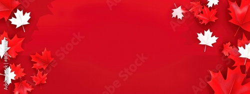 A banner for Canada Day with a maple leaf. Red background and free space for text.