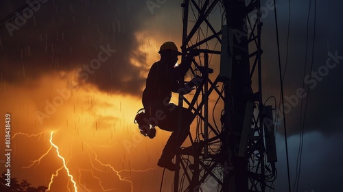  silhouette of a technician working tirelessly against a backdrop of a stormy sky, repairing a communication tower amidst harsh weather conditions, highlighting their dedication and resilience.