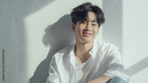 美容・脱毛・スキンケアをイメージした若い20代の笑顔で清潔感のある韓国人男性_白バック・窓際