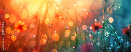 Colorful abstract bokeh with dew drops on grass