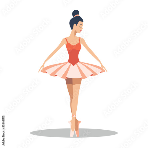 Female ballet dancer stands pointe, performs ballet pose, ballerina coral tutu slippers practices dance. Asian ethnicity ballerina, graceful stance, dance training, wearing outfit. Isolated white