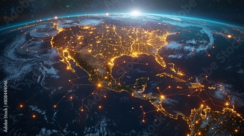Global network of connectivity between North America, South America and Mexico with glowing connections on the Earth's surface and in space at night.