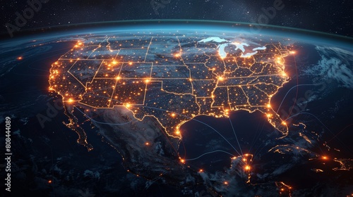 Global network of connectivity between North America, South America and Mexico with glowing connections on the Earth's surface and in space at night.
