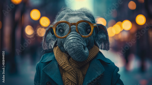 A cartoon elephant wearing glasses and a scarf