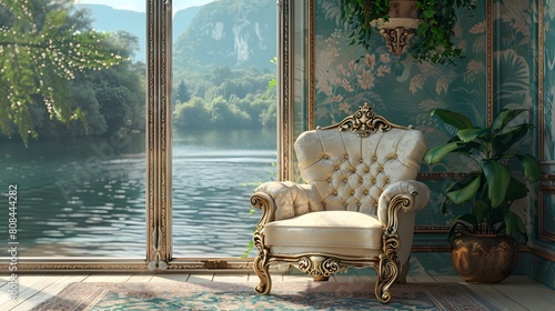 An ornate armchair in a Victorian-themed room with pastel damask wallpaper and a serene lakeside view.