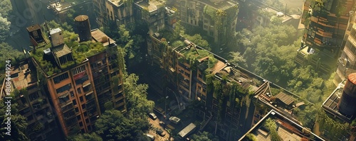 Illustrate a birds-eye view of a post-apocalyptic city, featuring decaying buildings, rusting vehicles, and nature reclaiming the urban landscape Experiment with unexpected camera angles to evoke a se