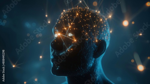 A human head with glowing neurons in the brain, representing an esoteric and meditation concept, Ai Generated