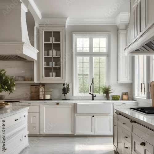 A bright and airy kitchen with white cabinets, marble countertops, and a farmhouse sink4