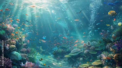 Design a photorealistic digital artwork featuring a skewed angle view of a serene underwater world teeming with marine life Emphasize the importance of environmental conservation through intricate det
