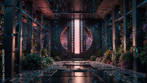 3D CG rendering of Futuristic corridor with fantasy alien and plants