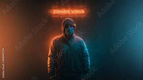 A hooded man wearing a mask and hoodie is standing in front of a dark background with a dangerous inscription