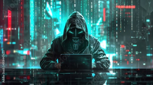 hacker man in a hood with his laptop sitting at a table with binary code in the background,Generative AI