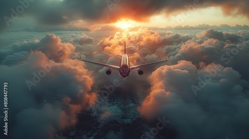 Aerial view of an airplane flying in the sky with smoke trails behind it, concept for travel and flight, wide angle lens realistic photo.