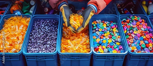 A closeup of hands sorting recyclables into bins labeled with different materials