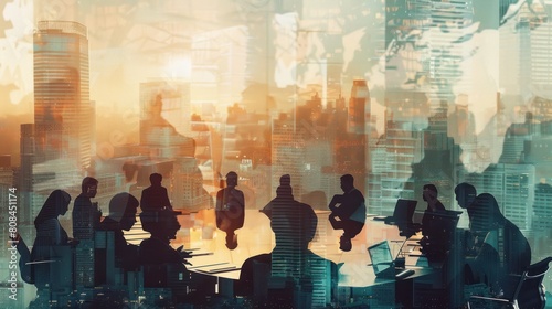 Double exposure panoramic modern city view with group business team meeting discussion and startup concept