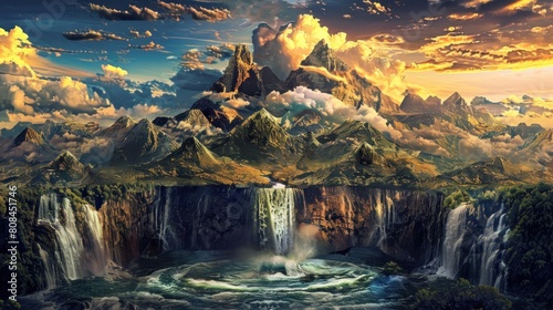 A beautiful mountain landscape with a waterfall in the center
