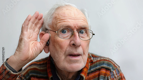 portrait of an elderly man trying hard to listen, deafness in old people.