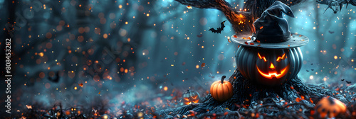 Halloween accessories with Halloween pumpkin, hat, bats. Anthropomorphic black tree.