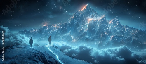 adventurer braves the cold, following a luminescent trail to the top of an icy mountain where a flag proudly stands