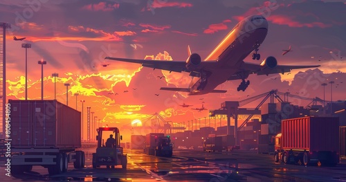 Truck and cargo plane in the air above dock yard with forklifts loading containers, shipping container on port road at sunset sky, business logistics transportation concept background.
