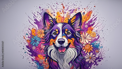 Sheepdog in watercolor rainbow flower paint explosion wallpaper background