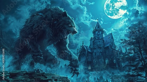 Werewolf growling in the moonlight over a full moon shining on a forest with a gothic house