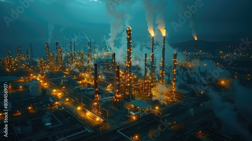 Oil refinery and plant and tower column of petrochemistry industry in oil and gas industrial at night,