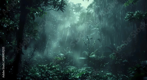 epic jungle scene with dense foliage and misty rain