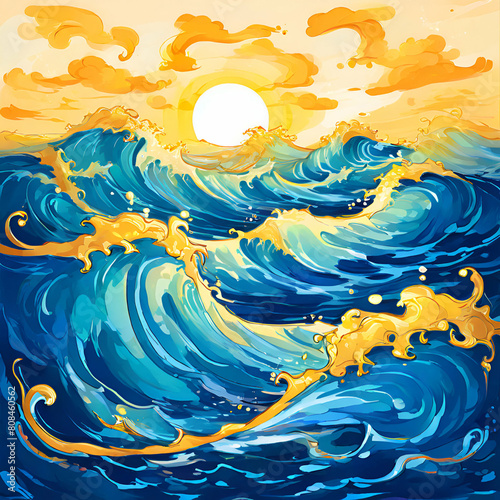 magical fairytale ocean waves art painting unique blue and gold wavy swirls of magic water fairyta,generate ai