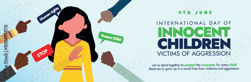 International day of innocent children victims of aggression. 4 June Child abuse awareness cover banner with girl child and people pointing finger on her. Protect children from physical, mental abuse