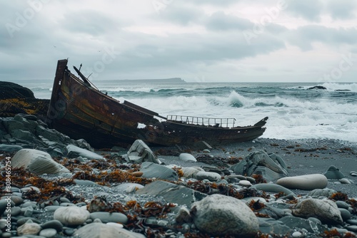 A weathered shipwreck washed ashore on a deserted beach, surrounded by jagged rocks and crashing waves, a testament to the unforgiving power of, Generative AI