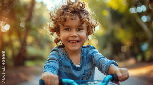 Cute little boy riding his bike, happy after learning to ride it earlier this week.