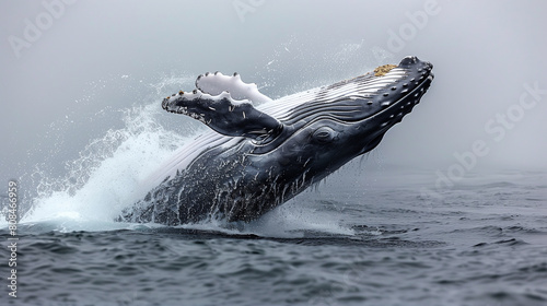 Humpback whale jumping from under the water in the Pacific ocean.