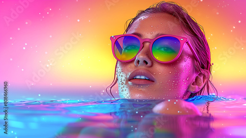 A woman in a pool wearing sunglasses and a rainbow colored swimsuit