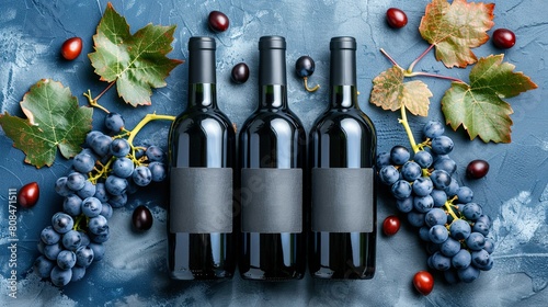 Autumn grape harvest and wine production concept. Wine Bottle Mock-Up. Bottles of red wine surrounded by bunches and leaves of grapes on blue background. 