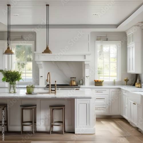 A bright and airy kitchen with white cabinets, marble countertops, and a farmhouse sink5