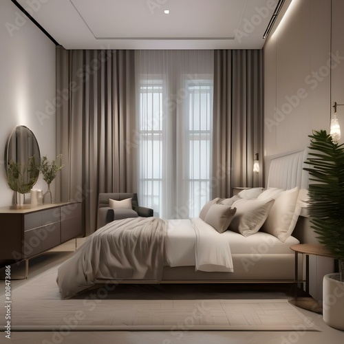 A serene bedroom with a neutral color palette, soft lighting, and sheer curtains1