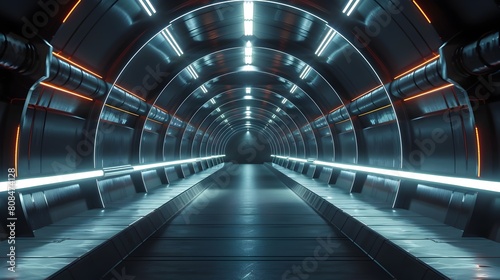 Expansive Futuristic Underground Tunnel Bathed in Eerie LED Lighting Creating a Moody,Industrial-Chic Atmosphere of Mystery and Technological
