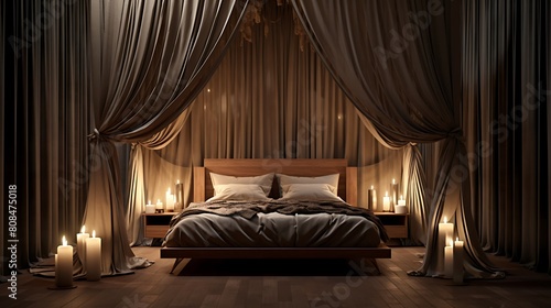 A luxurious wooden poster bed draped with sheer curtains, evoking a sense of opulence and grandeur
