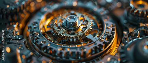 The image is a close-up of a steampunk gear mechanism with a glowing energy core
