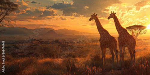 Two giraffes are standing in the savannah during sunset, with mountains and trees visible in the background.