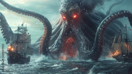 A gigantic sea creature, with features similar to an octopus and glowing red eyes, rises from the ocean, surrounded by ships 8K , high-resolution, ultra HD,up32K HD