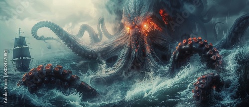 A monstrous sea creature, reminiscent of an octopus, rises from the depths with glowing red eyes, its presence striking fear into the surrounding ships 8K , high-resolution, ultra HD,up32K HD
