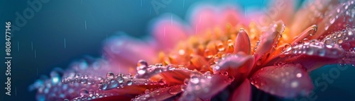 A gorgeous macro shot of a flower with pink and orange petals, covered in clear raindrops, against a dark blue background, highlighting the delicate beauty of nature 8K , high-resolution, ultra HD,up3