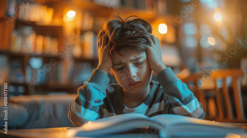 A boy sits at his desk, looking stressed as he reviews an English textbook.